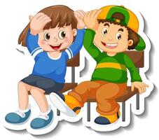Sticker template with couple of kids students cartoon character isolated vector
