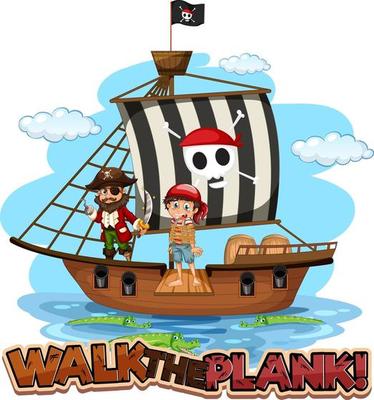 Walk The Plank font banner with pirate cartoon character