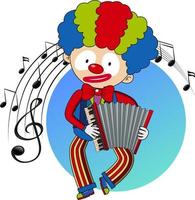 personaje de dibujos animados de un payaso toca el acordeón con símbolos de melodía musical vector