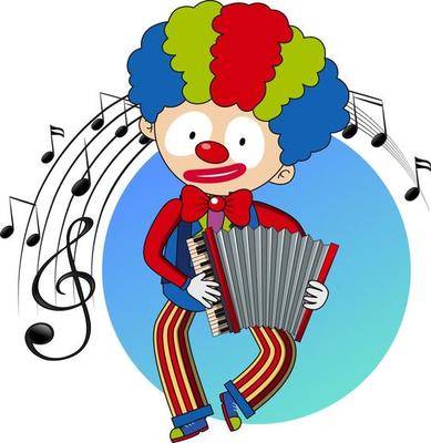 Cartoon character of a clown plays accordion with musical melody symbols