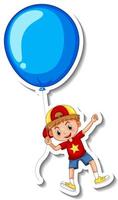 Sticker template with a boy flying with a big balloon isolated vector