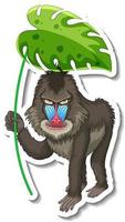 Sticker template with a mandrill holding a leaf on white background vector