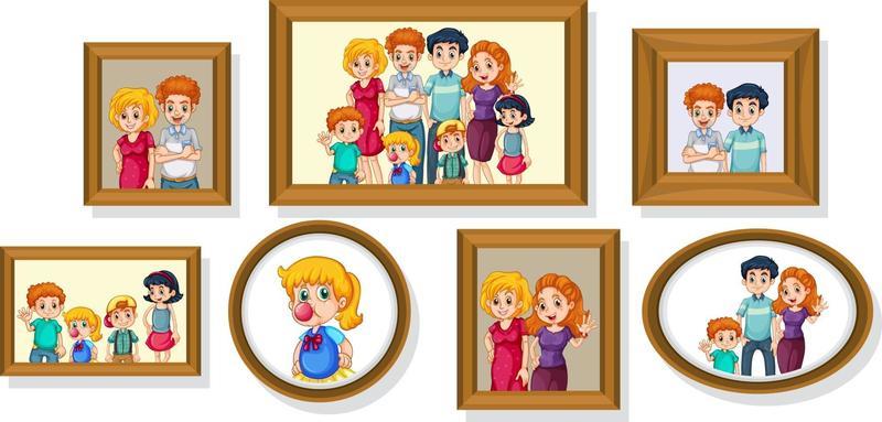 Set of happy family photo on the wooden frame