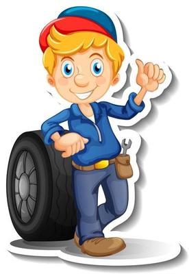 Sticker design with auto mechanic cartoon character