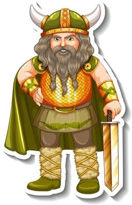 Sticker template with Viking warrior cartoon character isolated