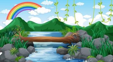 Stream flowing through the forest with mountain background and rainbow in the sky vector