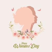 feliz día de la mujer silueta de una cara de mujer con pétalos de flores y hojas. 8 de marzo, espacio de copia de la tarjeta de invitación. vector