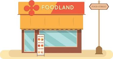 Food store front wiht menu sign.Restaurant with sign on street vector illustration