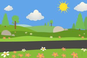 nature landscape with road on summer day.Meadow view with clouds.Green Field nature scene.public park in day.Beautiful scene park vector