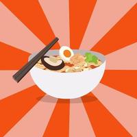 Noodles restaurant with white bowl vector .Ramen Japanese noodle soups with shiny background.Red bowl of noodles soup with chopstick