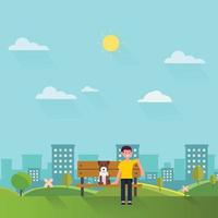 Young man and his dog sit on wooden bench in park with town background.Relax people in public park concept.Weekend summer day man in city nature vector