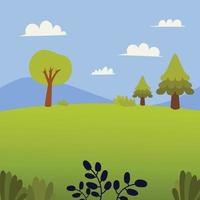 Nature landscape with grass, trees , hill and montain.Meadow and sky background in flat design.Summer green field vector. vector
