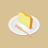 Sliced  butter cake with wooden fork on dish vector.Bakery meal concept.pound cake vector