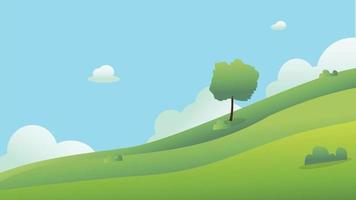 Hermoso paisaje de campos con un amanecer, colinas verdes, cielo azul de color brillante, fondo.Ilustración de vector de paisaje de pradera.Campo verde con nubes y cielo azul