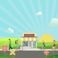 Nature scene with store front and people walking on street.People walk on public park on morning. vector