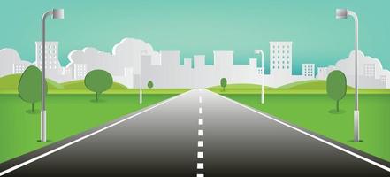 Road to nature backgroud vector illustration.Street with field , hills , clouds , trees  in Paper style vector illustration.Beautiful nature landscape.Cityscape scene.Green street to town.