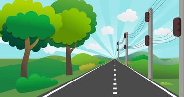 Road with nature landscape in perspective.Country road with lamppost , hills and sky shining backgroud vector.