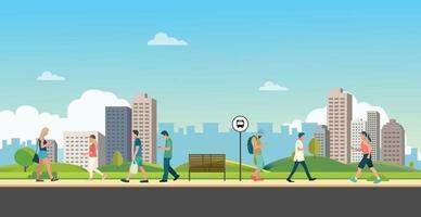 People with public park in city.Beautiful scene park and man walking.People leisure activities in park.Lifestyle relaxed in town vector illustration