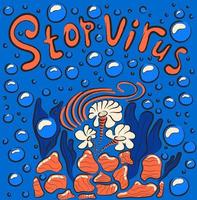 This is a retro Stop Virus poster. Sea blue background with bubbles and algae. vector