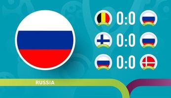 Los partidos del calendario del equipo nacional de rusia en la etapa final del campeonato de fútbol de 2020. ilustración vectorial de partidos de fútbol 2020. vector