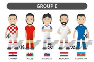 European soccer cup tournament qualifying draws 2020 and 2021 . Group E . Football player with jersey kit uniform and national flag . Cartoon character flat design . White theme background . Vector .