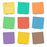 Multicolor sticky note with paper clip and shadow . Flat color . White isolated background . Vector .