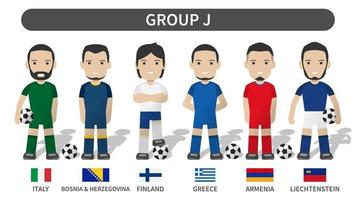 European soccer cup tournament qualifying draws 2020 and 2021 . Group J . Football player with jersey kit uniform and national flag . Cartoon character flat design . White theme background . Vector .