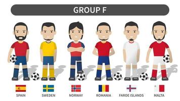 European soccer cup tournament qualifying draws 2020 and 2021 . Group F . Football player with jersey kit uniform and national flag . Cartoon character flat design . White theme background . Vector .