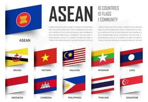 ASEAN . Association of Southeast Asian Nations . and membership flags . Inserted paper design . World map background . Vector .