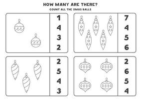 Counting game with Christmas baubles. Math worksheet. vector