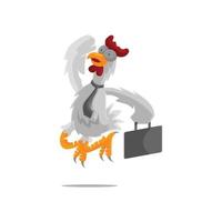 pollo gallo saltando mientras sostiene la maleta ilustración empresario éxito diseño de plantilla vector