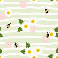 Summer seamless pattern with chamomiles  and ladybugs on striped background vector
