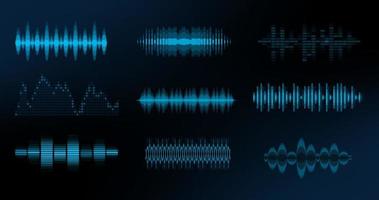 HUD waves big set. Console panel. Electronic radio signal. Equalizer. Vector illustration.