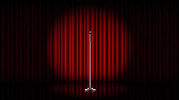 Microphone with stand on stage with red curtain and spot light, vector illustration