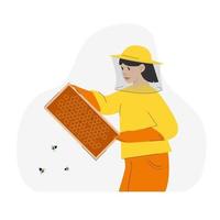 Apicultor femenino sosteniendo celdas de miel que cuidan el concepto de colmenar de abejas vector