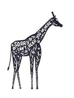 Animal and hand lettering illustration. I can't hear you up here words. Monochrome giraffe silhouette, floral decoration and motivational quote, isolated on white. Flat vector illustration.