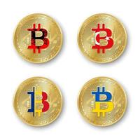 Four golden Bitcoin coins with flags of Albania, Romania, Turkey and Ukraine. Vector cryptocurrency icons isolated on white background. Blockchain technology symbol