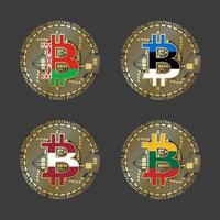 Four golden Bitcoin icons with flags of Belarus, Estonia, Latvia and Lithuania. Cryptocurrency technology symbol. Vector digital money icons isolated on grey background