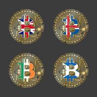 Four golden Bitcoin icons with flags of Britain, Iceland, Ireland and Scotland. Cryptocurrency technology symbol. Vector digital money icons isolated on grey background