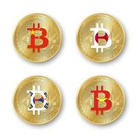 cuatro monedas bitcoin doradas con banderas de china, japón, corea del sur y vietnam. vector iconos de criptomoneda aislados sobre fondo blanco. símbolo de la tecnología blockchain