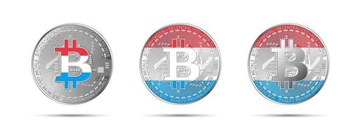 Three Bitcoin crypto coins with the flag of Luxembourg. Money of the future. Modern cryptocurrency vector illustration