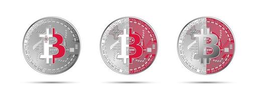 Three Bitcoin crypto coins with the flag of Malta. Money of the future. Modern cryptocurrency vector illustration