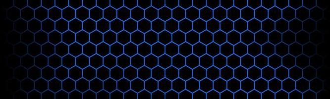Dark modern technology banner with blue hexagon mesh. Abstract metal geometric texture header. Simple vector illustration background