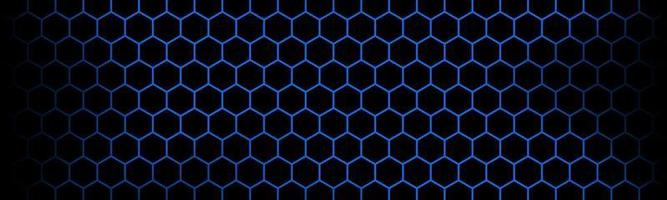 Dark modern technology banner with blue hexagon mesh. Abstract metal geometric texture header. Simple vector illustration background