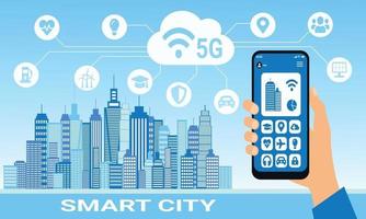 Flat building design, cloud connections with smartphone vector