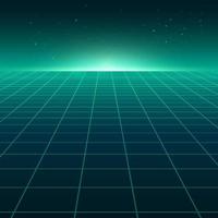 Abstract perspective green grid. Retro futuristic neon line on dark background, 80s design perspective distorted plane landscape composed of crossed neon lights and laser beams. vector