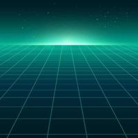 Abstract perspective green grid. Retro futuristic neon line on dark background, 80s design perspective distorted plane landscape composed of crossed neon lights and laser beams. vector