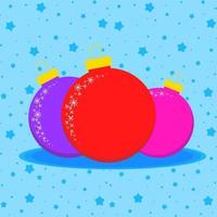 Card with three colored Christmas balls on a blue starry background vector