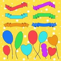 Set of flat colored silhouettes isolated ribbons banners and balloons on a yellow background. Simple flat vector illustration. With place for text. Suitable for infographics, design, advertising, festivals, labels.