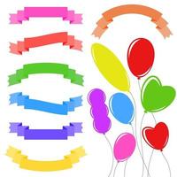 Set of isolated flat colored ribbon banners and flying balloons of various shapes. On a white background. Suitable for design vector